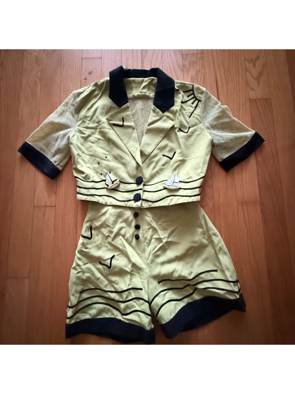 Vintage French Made 2 piece Lime Nautical Theme Top and High Waisted Shorts Set